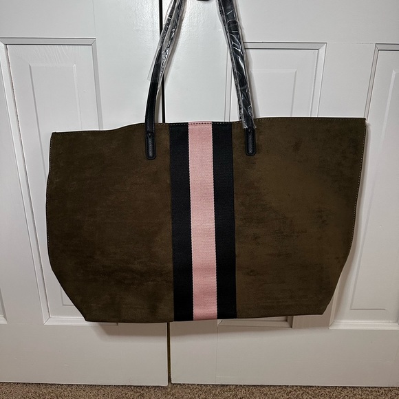 NWOT-Neiman Marcus Olive Green and  Pink Canvas Tote Bag with Minimalist Design - Picture 6 of 7